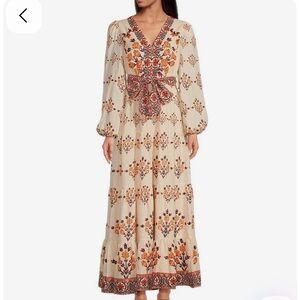 A Loves A XL Boho Floral Maxi Dress Cream Orange Tiered Long Sleeve Festival